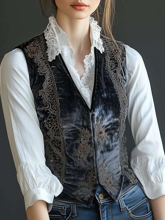 Vintage Black Velvet Lace Embroidered Vest