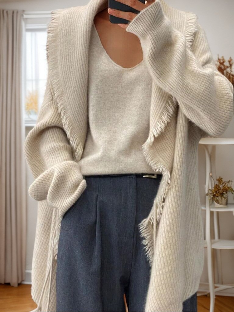 Stylish Loose Solid Color Frayed Knit Cardigan Coat