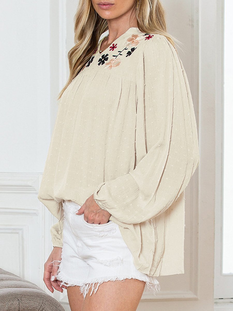 Ethnic Floral Embroidered Loose Long-Sleeved Blouse