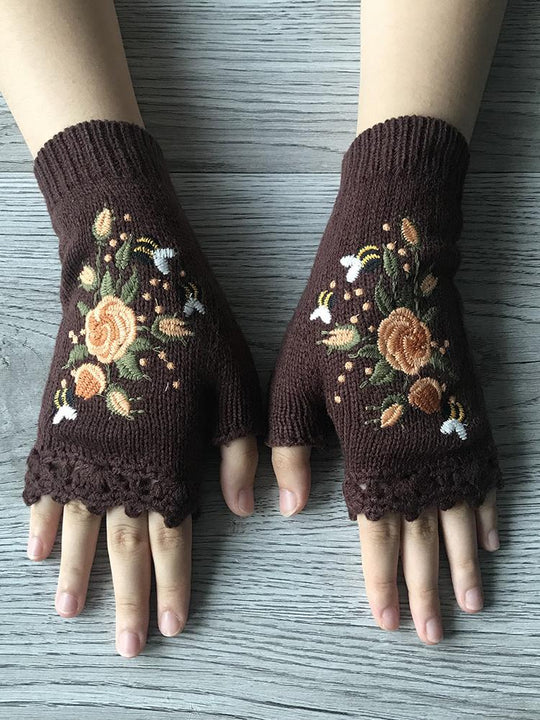 Bee and Flower Embroidery Warm Woolen Half-Finger Gloves