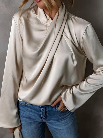 Elegant Solid Color Satin Pleated Blouse