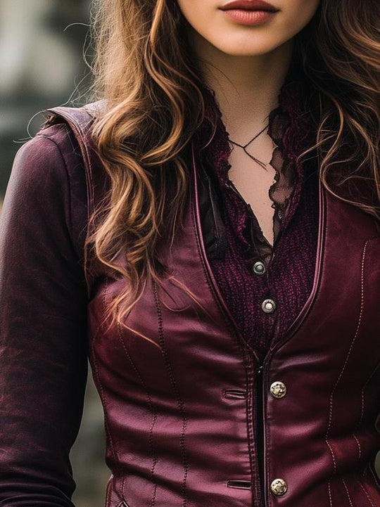 Retro Waist-cinched Button Down Leather Vest