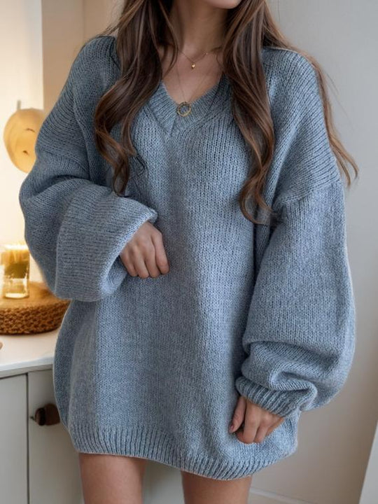 Solid Color V-Neck Loose-fitting Pullover Knit Sweater