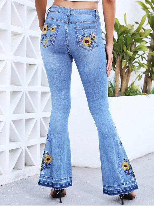 Handmade 3D Embroidered Floral Flare Jeans