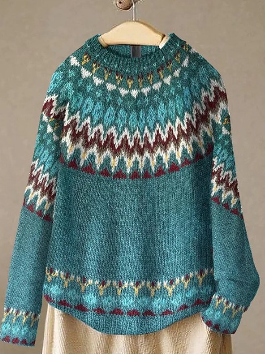 Ethnic Style Round Neck Color Block Sweater