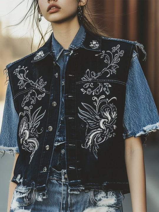 Celestial Embroidered Denim Vest