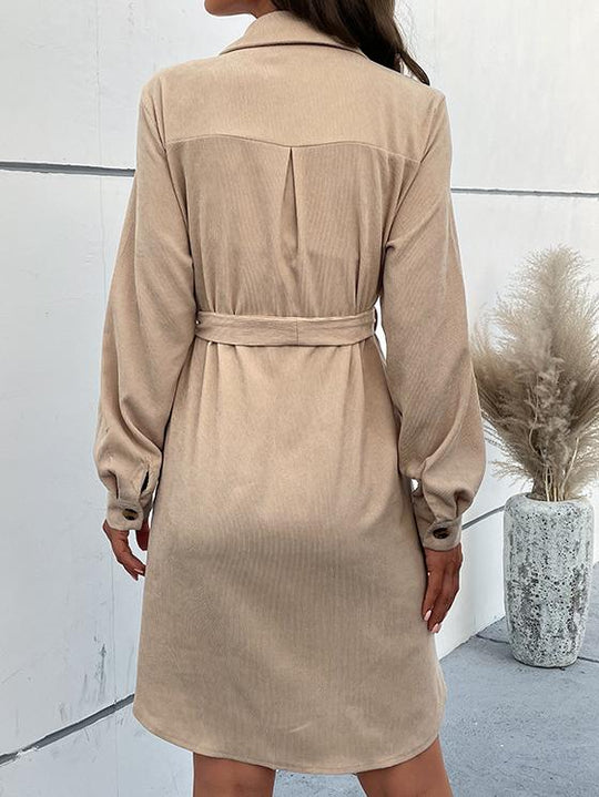 Elegant Waist Tie Corduroy Long Sleeve Shirt Dress