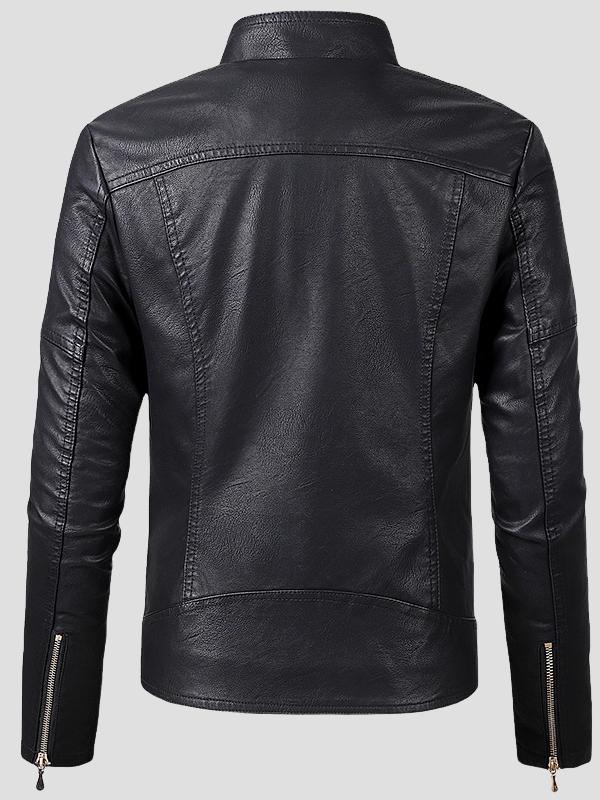 Women Warm Lined Stand Collar Leather Biker Jacket