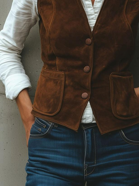 Retro Minimalist Design Side Pockets Suede Vest