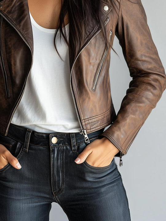 Stylish Suit Collar Zipper Sleeve Leather Jacket