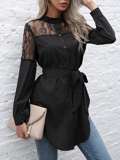 Elegant Lace Patchwork Stand Color Long Sleeves Shirt