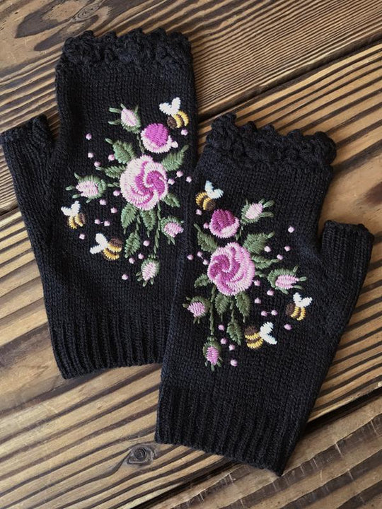 Bee and Flower Embroidery Warm Woolen Half-Finger Gloves