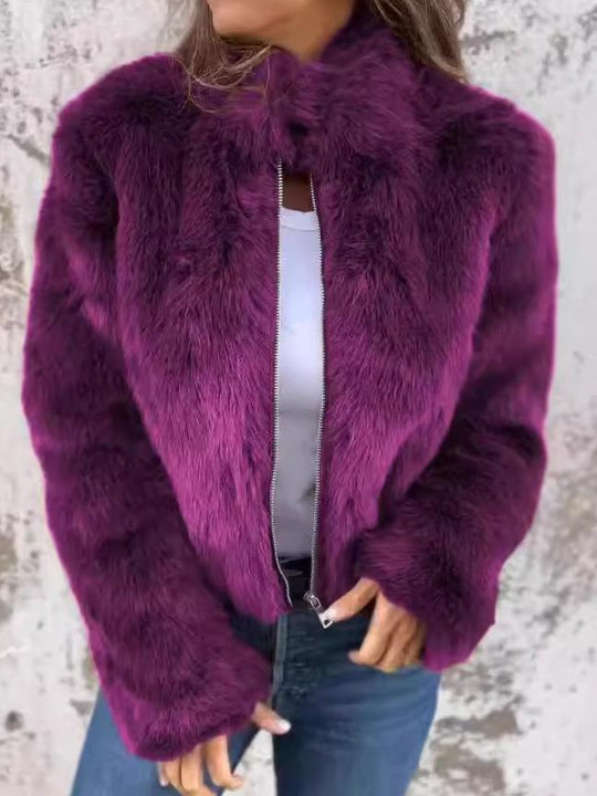 Chic Eco-friendly Faux Fur Stand Collar Zip-up Jacket