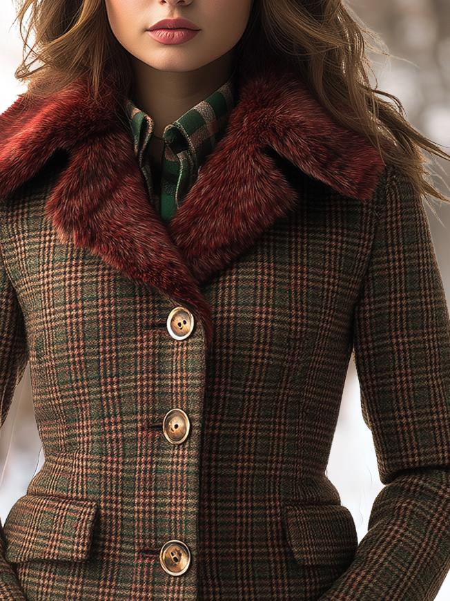 Fur Collar Tailored Fitted Plaid Pattern Woolen Jacket