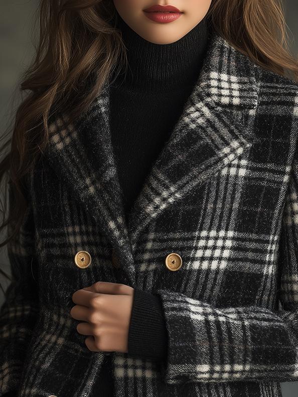 Retro Double-breasted Plaid Pattern Pockets Woolen Jacket