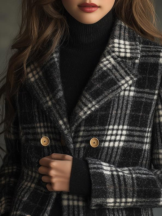 Retro Double-breasted Plaid Pattern Pockets Woolen Jacket