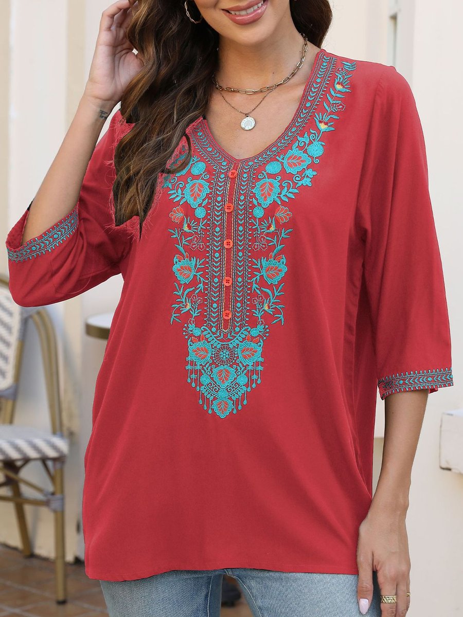 Embroidered V-Neck Half-Sleeve T-Shirt