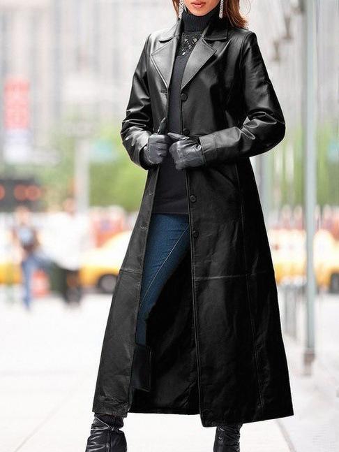 Suit Collar Solid Color Mid-length Leather Trench Coat