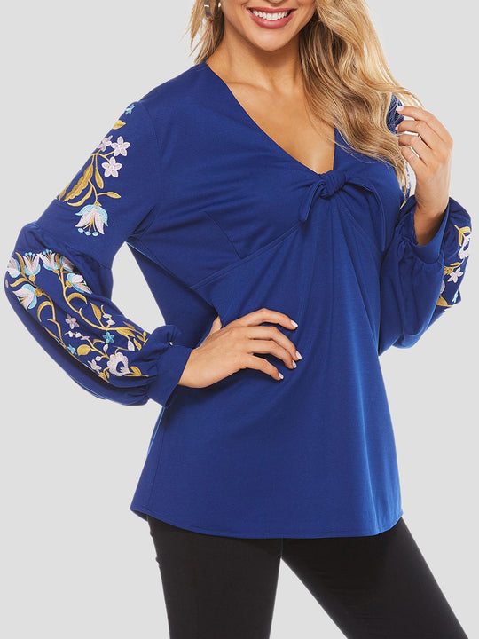 Elegant Floral Embroidered V-neck Lantern Sleeves Blouse