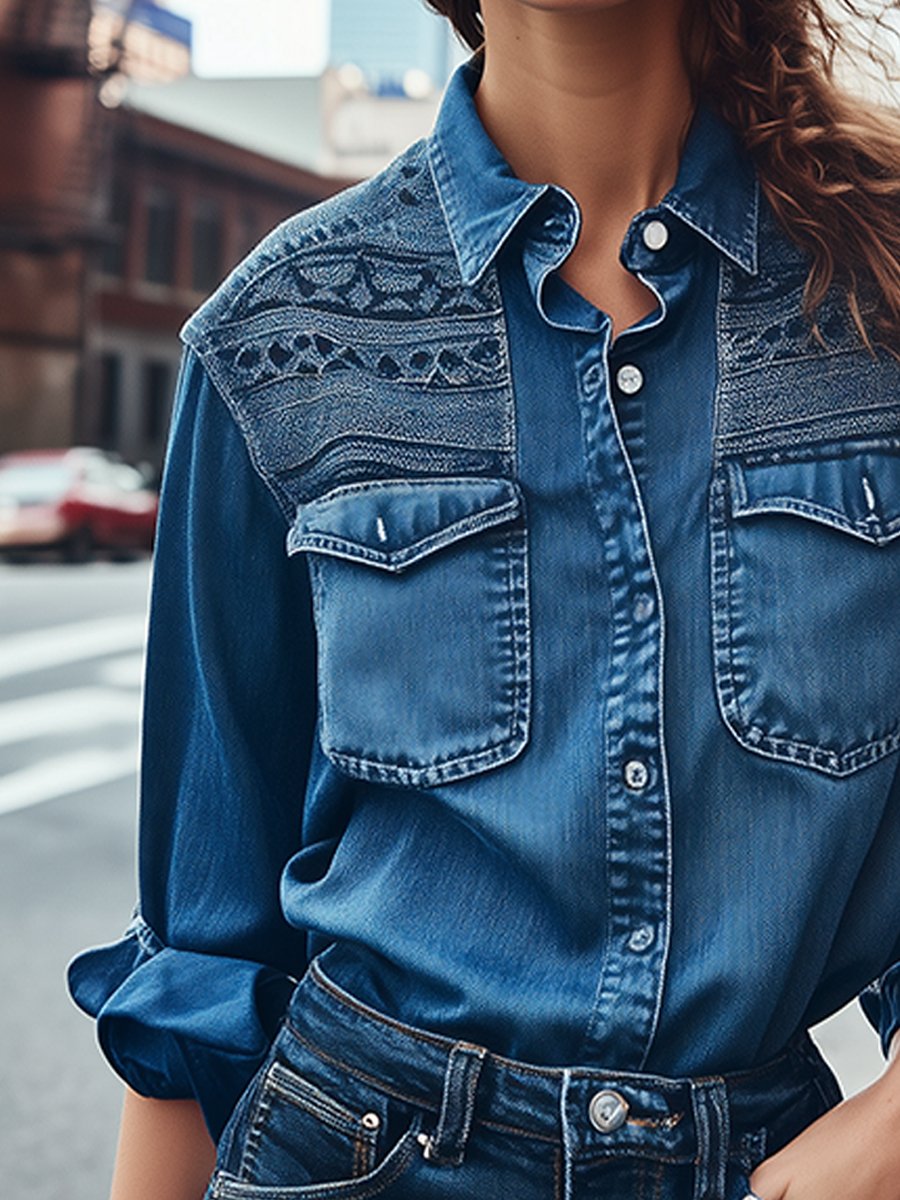 Embroidered Western Denim Shirt