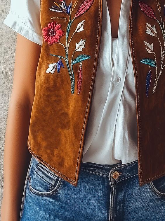 Vintage Stand Collar Flower Embroidery Suede Waistcoat