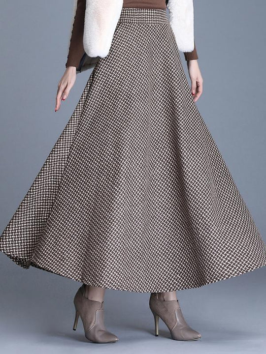 Elegant Elastic Waist Plaid Print Wool Blend Long Skirt