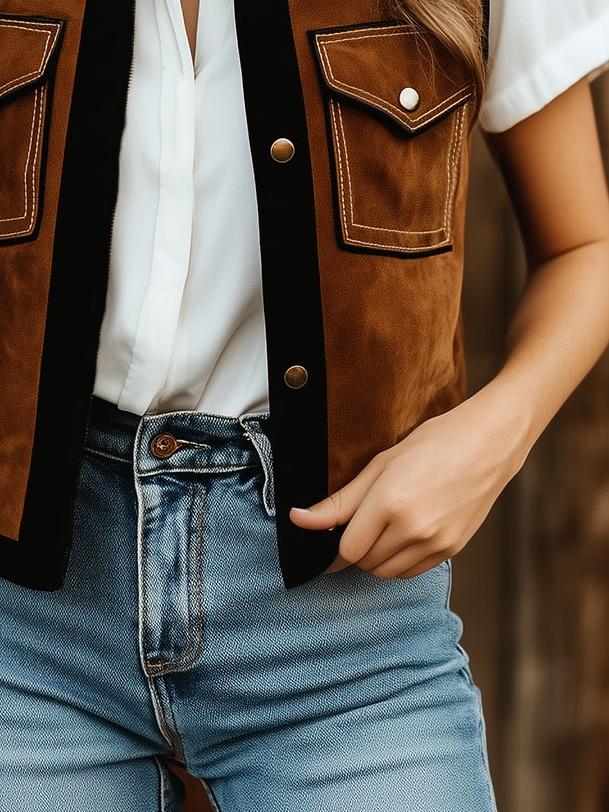 Stylish Color-blocking Button Down Suede Waistcoat