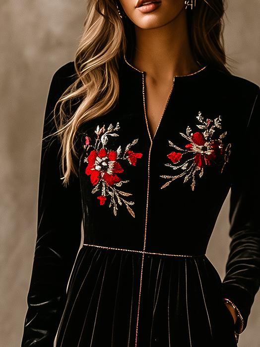 Chic V-neck Embroidery Side Pockets Velvet Dress