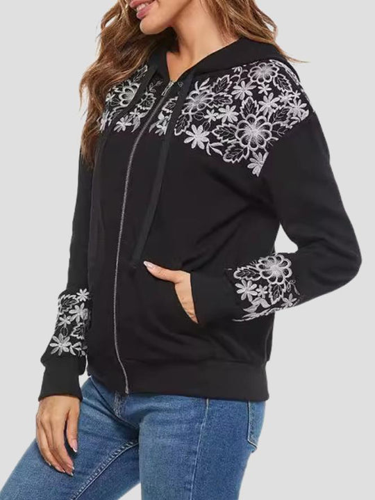 Chic Floral Embroidered Zipper Hooded Jacket