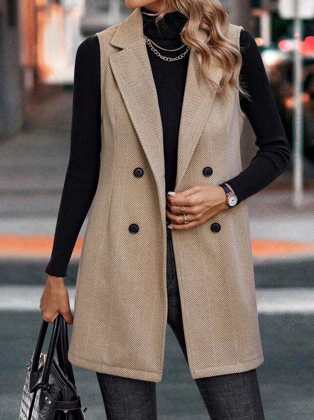 Chic Lapel Double-Breasted Decorated Mid-Length Woolen Vest Suit