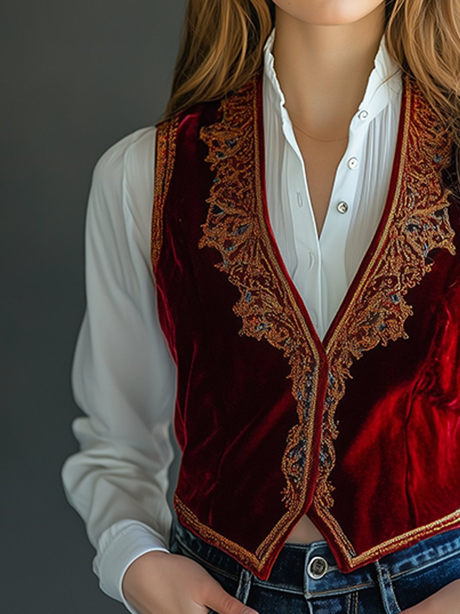 Vintage Burgundy Velvet Embroidered Vest