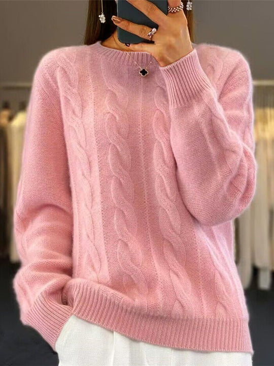 Crew Neck Solid Color Cable Knit Sweater