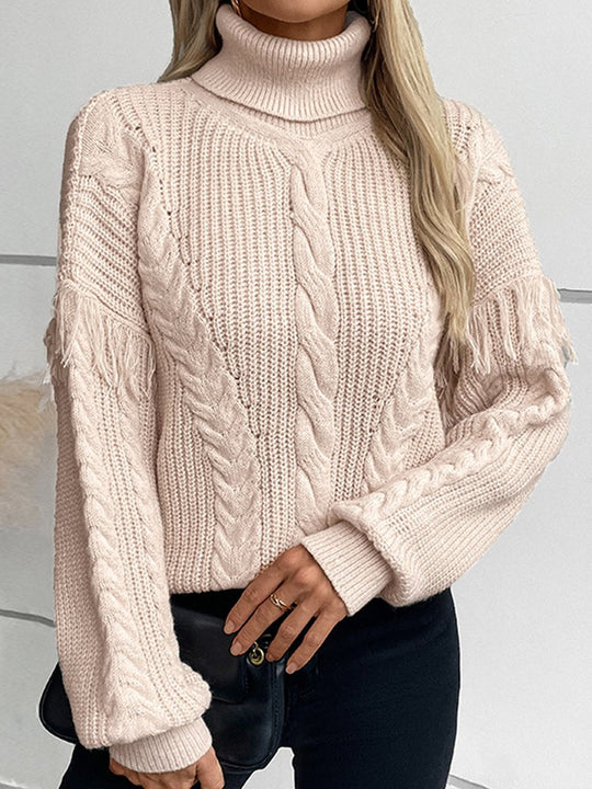 Fringed Cable Collar Long Sleeve Sweater