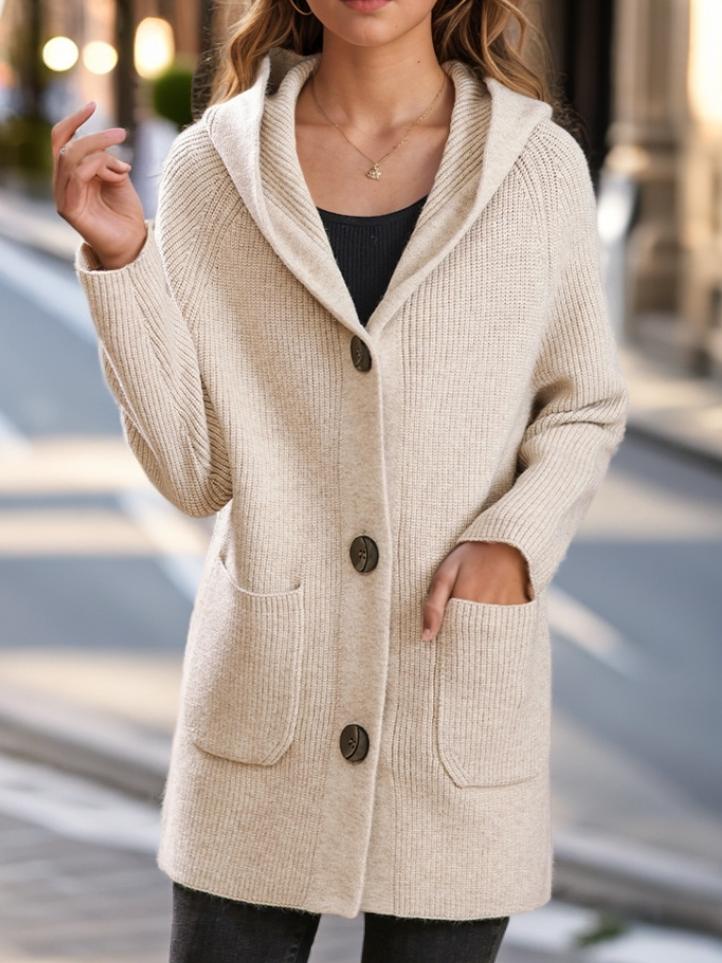 Solid Color Thick Knitted Mid-length Hooded Cardigan Coat