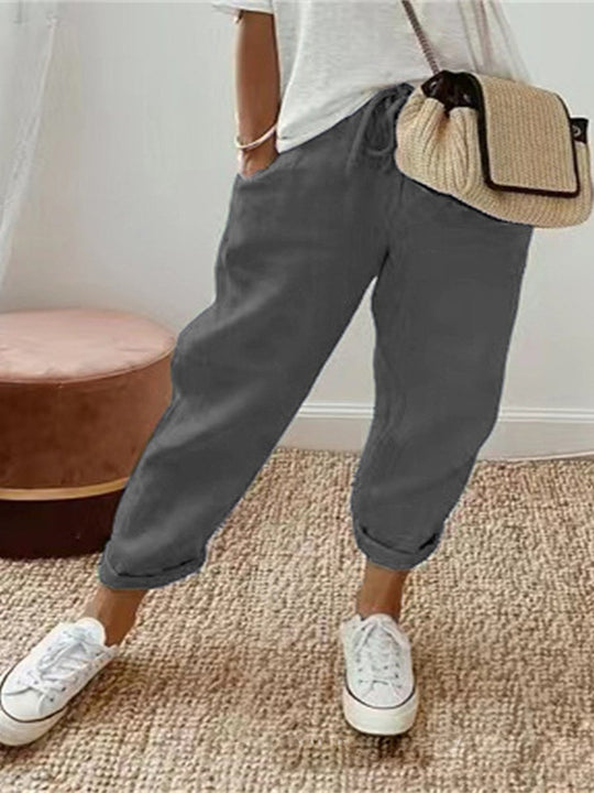 Cotton Linen Pocket Elastic Waist Casual Pants