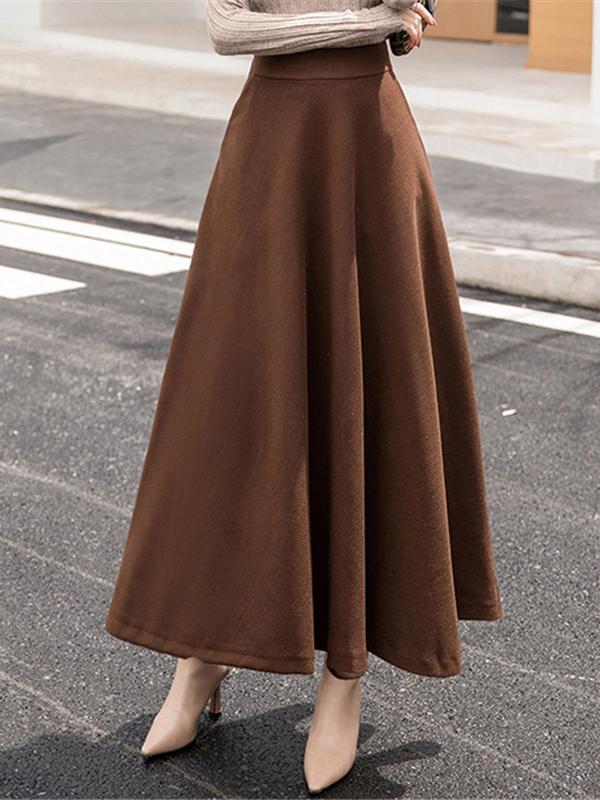 Elegant Elastic Waist Solid Color Wool Blend Long Skirt