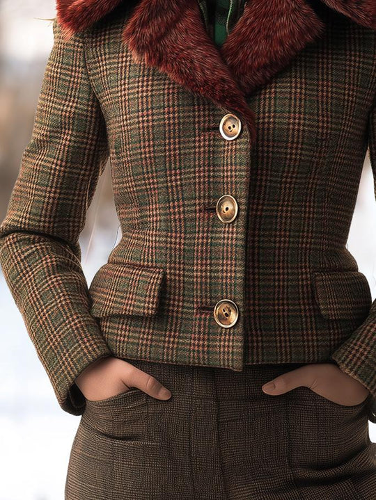 Fur Collar Tailored Fitted Plaid Pattern Woolen Jacket