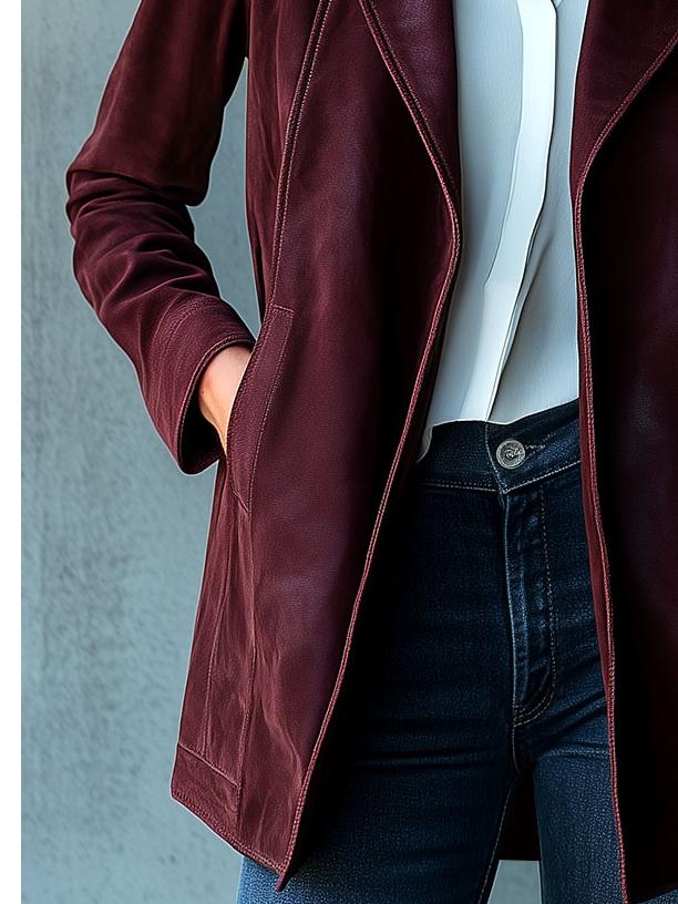 Chic Suit Collar Pockets Mid-legnth Burgundy Suede Jacket