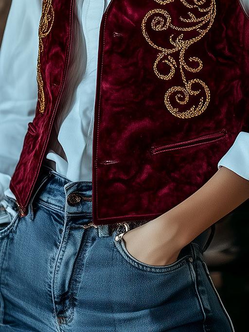 Retro Simple Golden Symmetrical Embroidery Suede Waistcoat