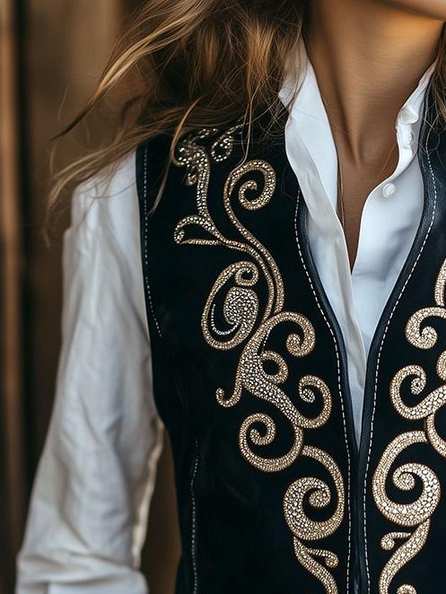 Vintage Western Style Embroidery Suede Waistcoat