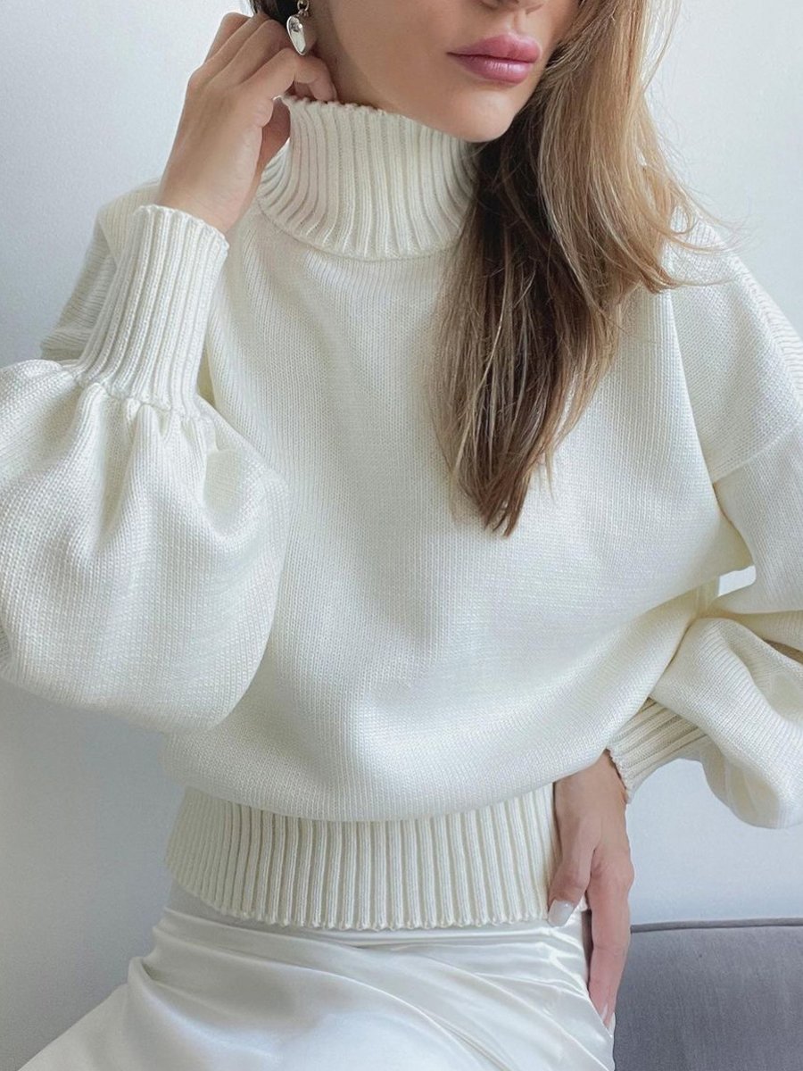 Women's Solid Color Puff Sleeve High Collar Casual Sweater