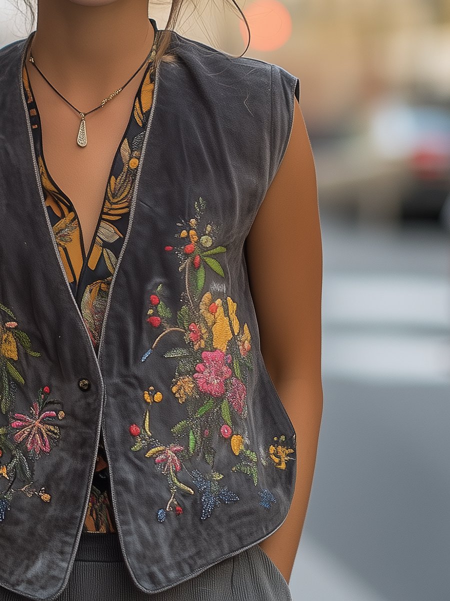 Garden Bloom Embroidered Suede Vest