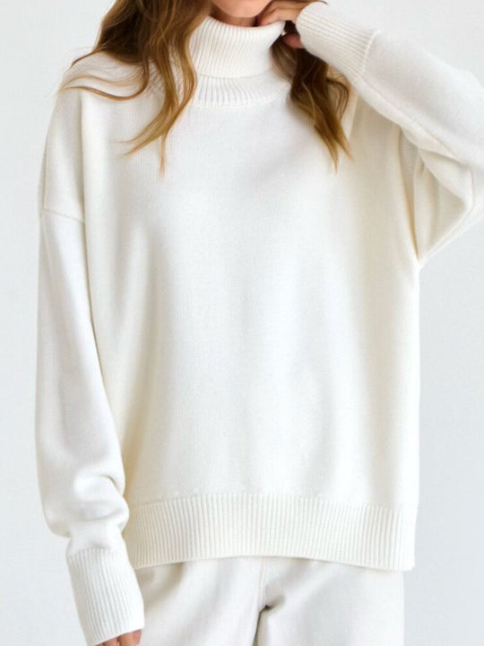 Basic Turtleneck Solid Color Ribbed Trim Knited Sweater