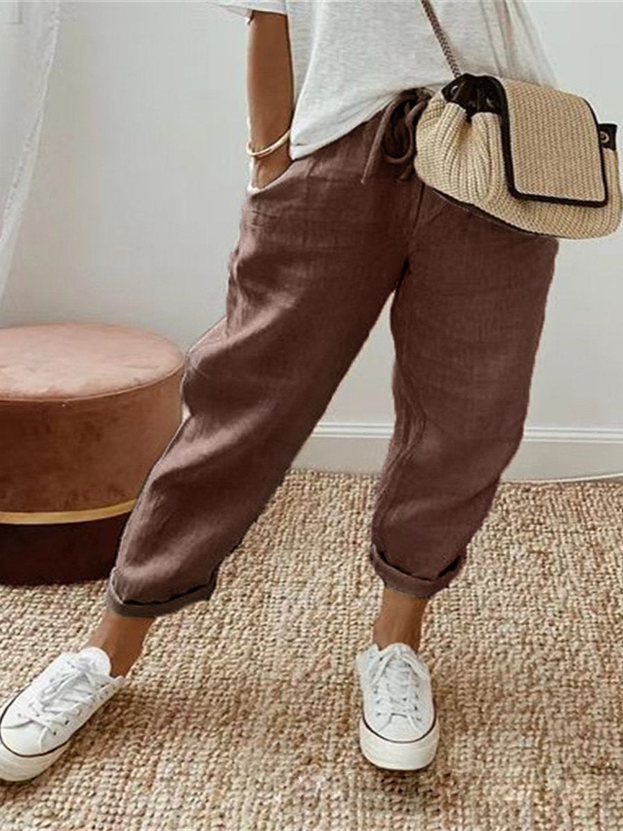 Cotton Linen Pocket Elastic Waist Casual Pants