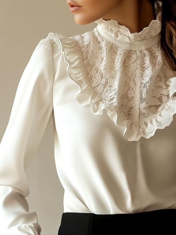 Vintage Mock Neck Lace Patchwork Chiffon Blouse