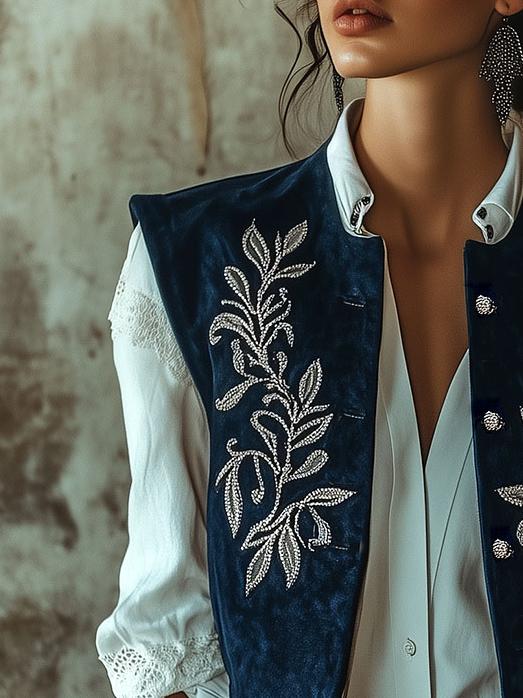 Retro Crew Neck Silver Leaves Embroidery Suede Vest