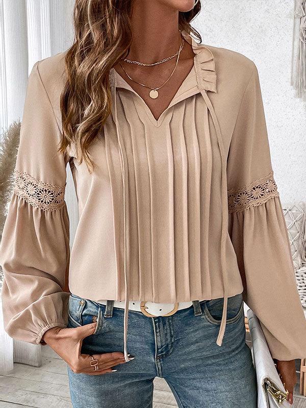 Elegant V-neck Tie-up Hollow Lace Patchwork Sleeves Shirt