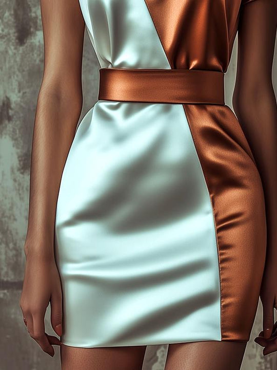 Stylish Wiast-cinched Color-blocking Satin Pencil Dress