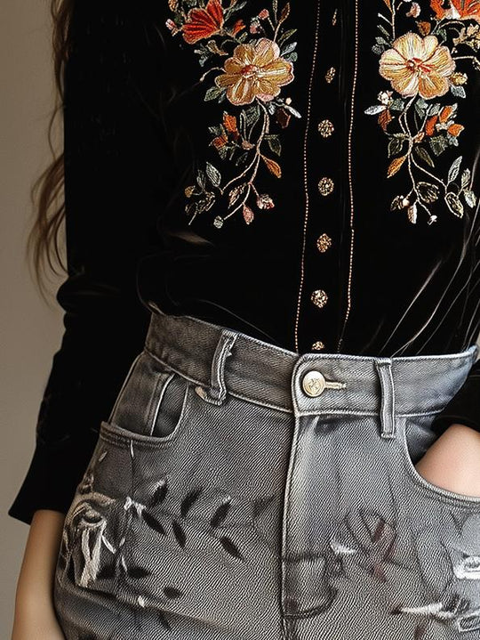 Boho Embroidery Stand Collar Single-breasted Velvet Shirt