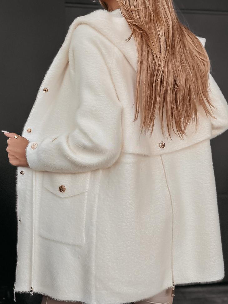 Stylish Metal Button Pockets Hooded Short Fur Coat